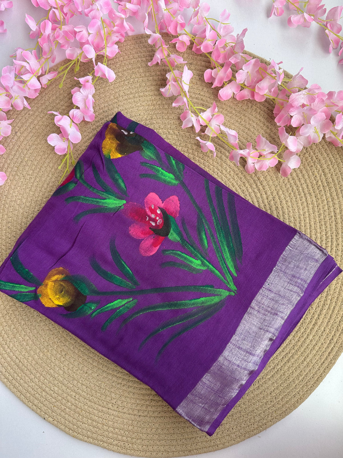 OBKS0026 Violet hand painted Linen saree