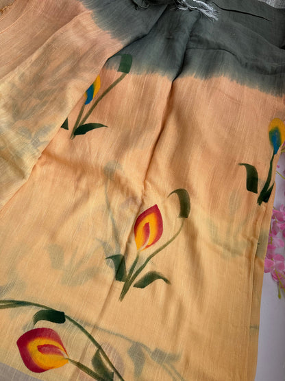 OBKS0030 Green sandal Ombre hand painted Linen saree
