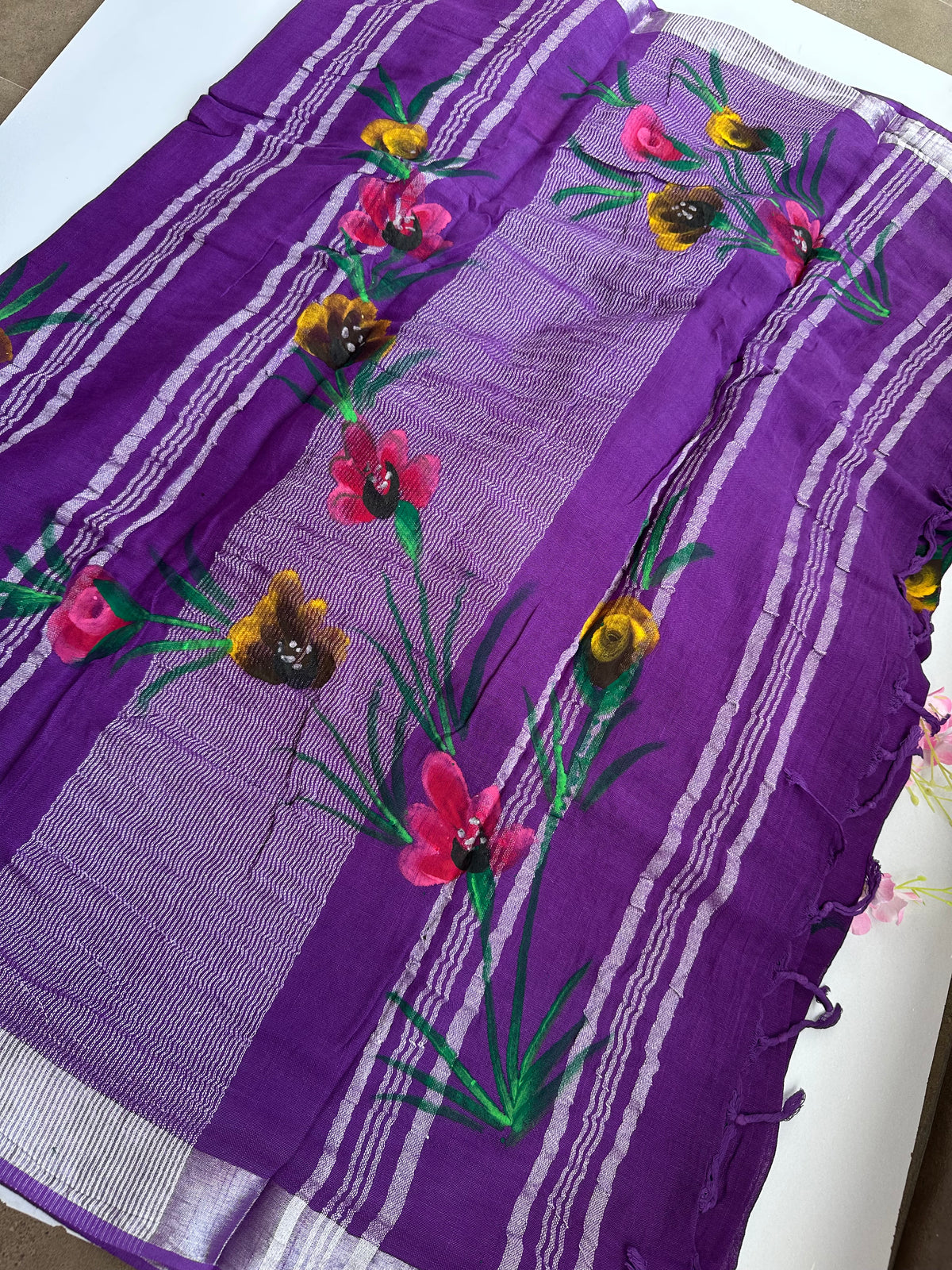 OBKS0026 Violet hand painted Linen saree