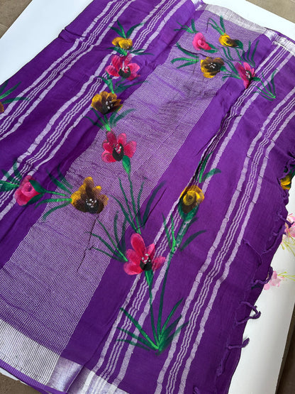 OBKS0026 Violet hand painted Linen saree