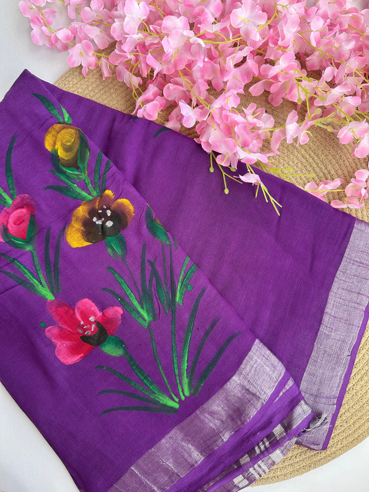 OBKS0026 Violet hand painted Linen saree