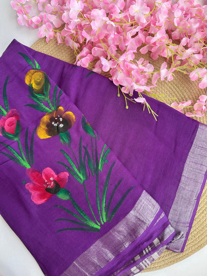 OBKS0026 Violet hand painted Linen saree