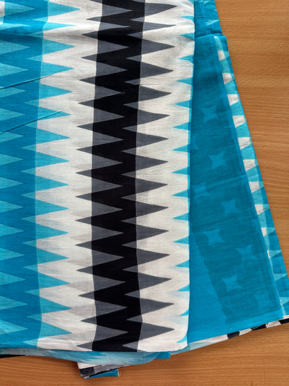 OBKS0017 Mul cotton saree - Blue zigzag