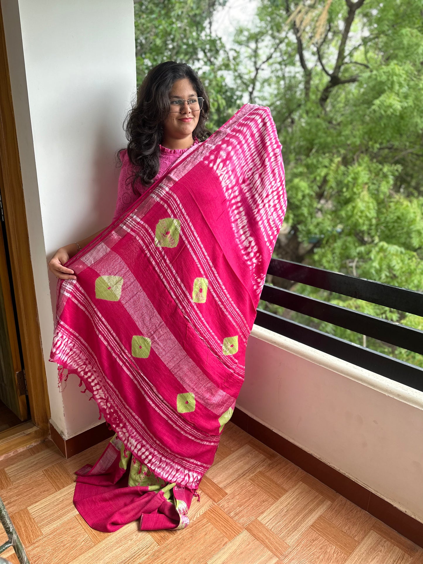 OBKS0006 Pink shibori Linen saree