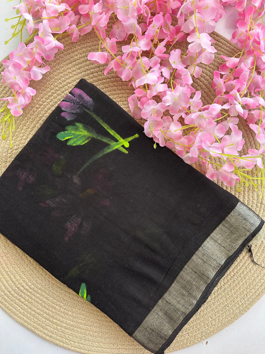 OBKS0008 Black handpainted Linen saree