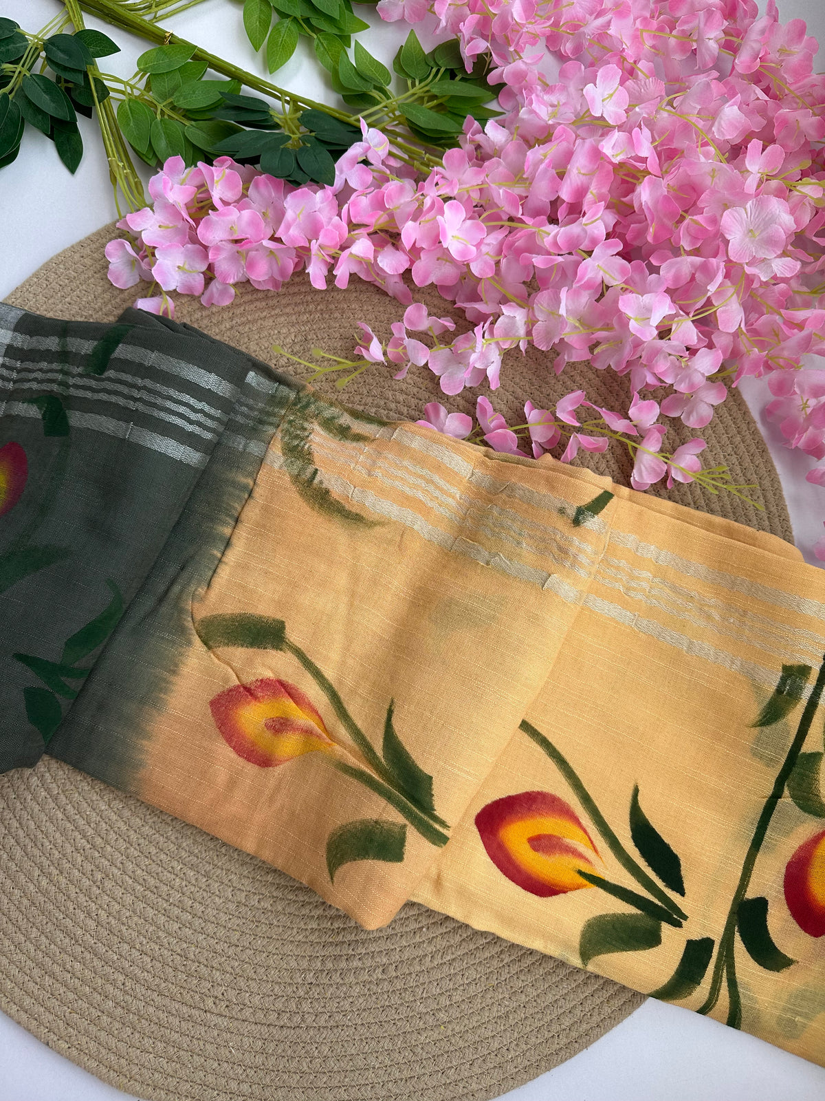 OBKS0030 Green sandal Ombre hand painted Linen saree