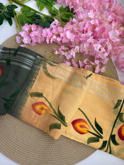OBKS0030 Green sandal Ombre hand painted Linen saree