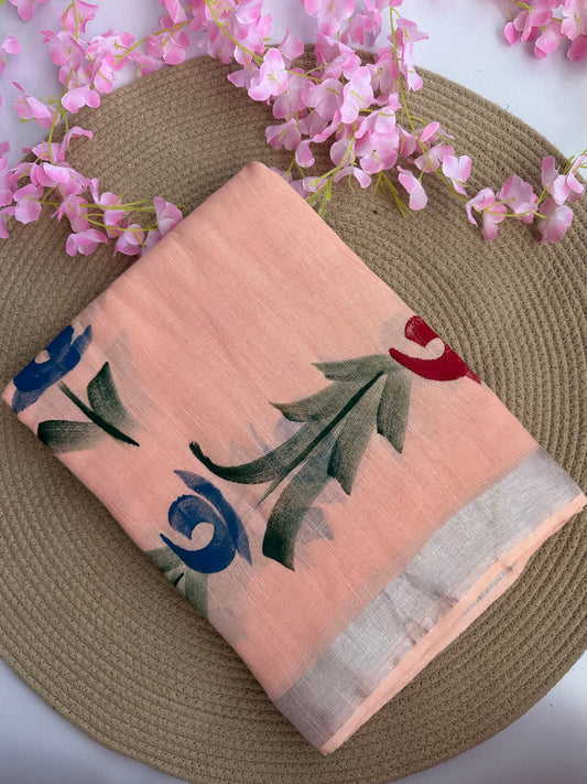 OBKS0028 Peach pink Ombre hand painted Linen saree