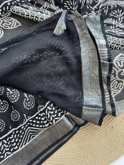 OBKS0015 Black motif Linen saree