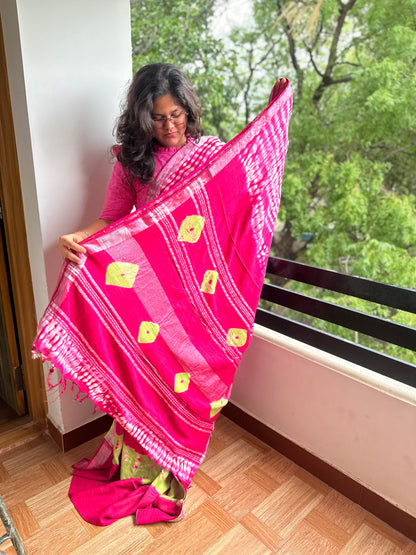 OBKS0006 Pink shibori Linen saree