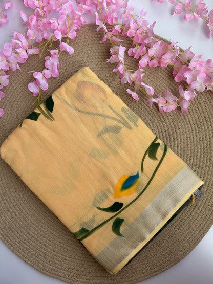 OBKS0030 Green sandal Ombre hand painted Linen saree