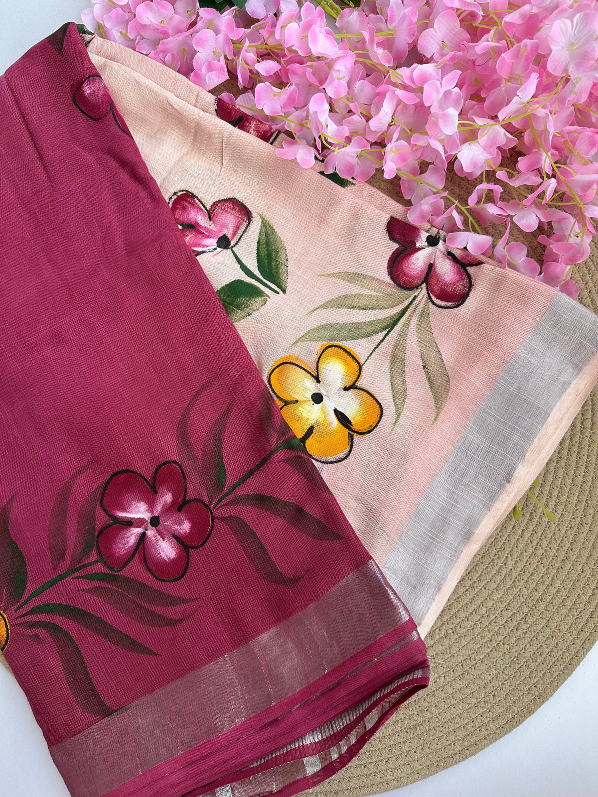 OBKS0029 Maroon pink Ombre hand painted Linen saree