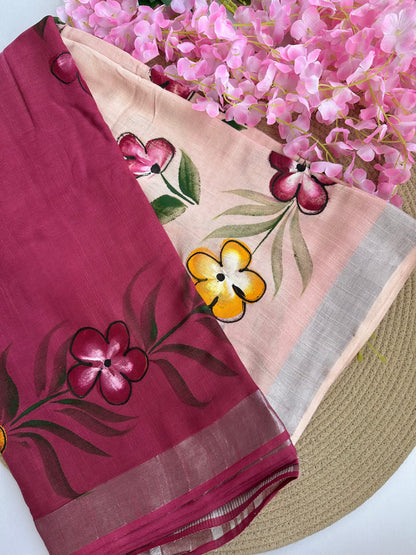 OBKS0029 Maroon pink Ombre hand painted Linen saree