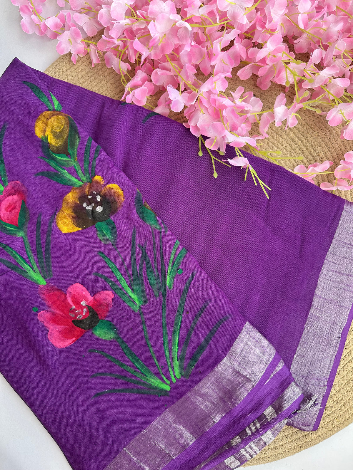 OBKS0026 Violet hand painted Linen saree