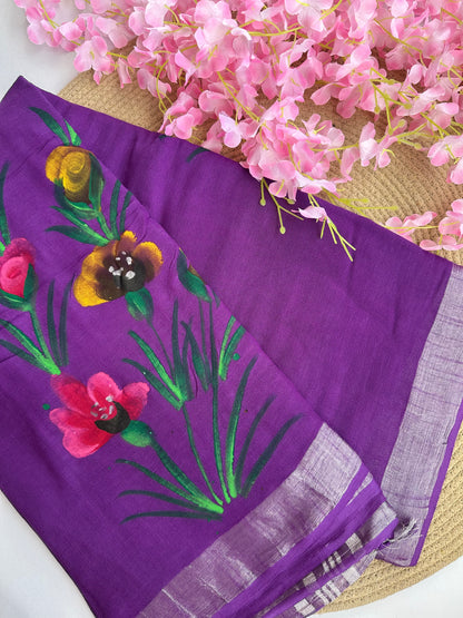 OBKS0026 Violet hand painted Linen saree