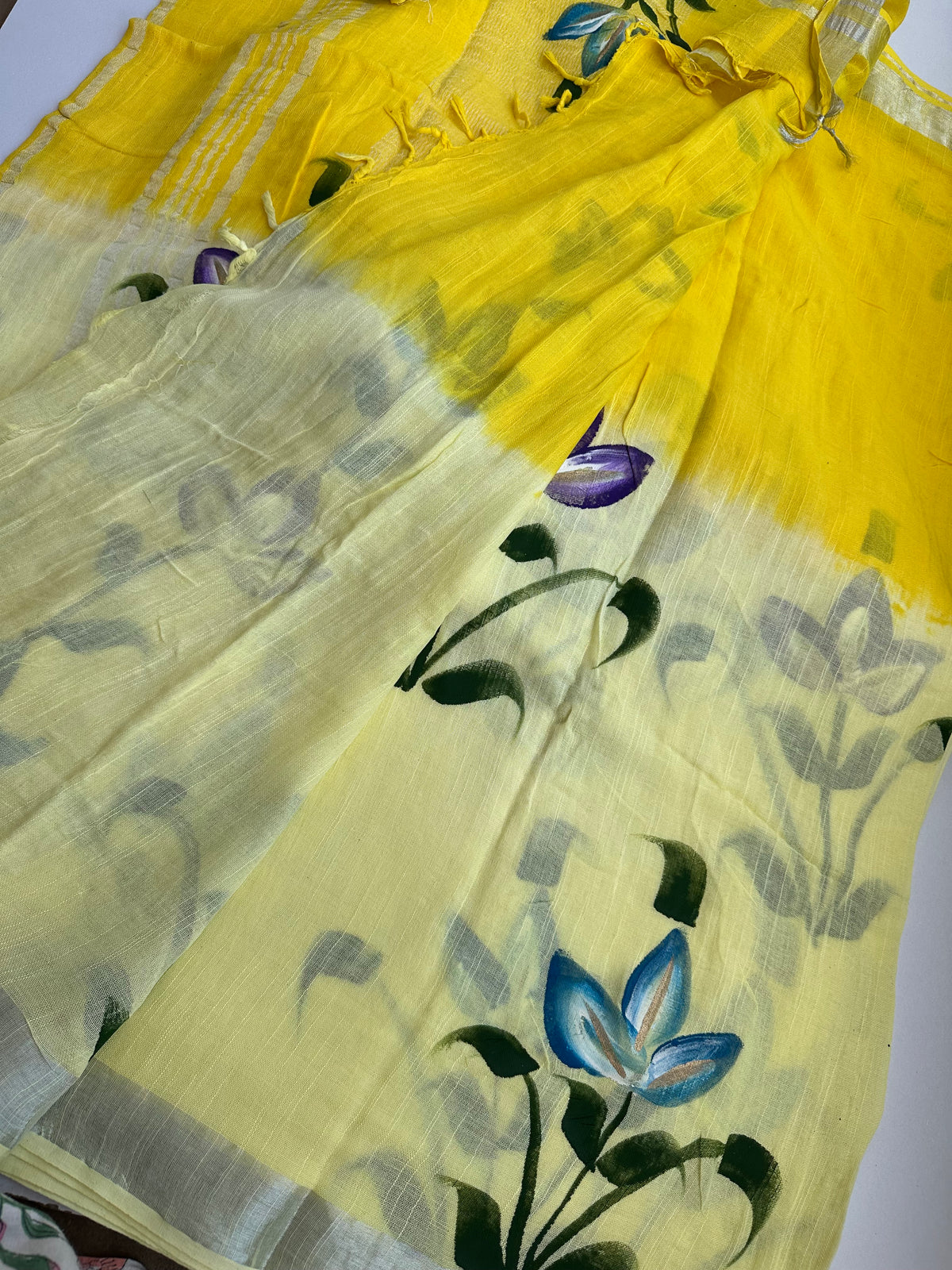 OBKS0027 Yellow Ombre hand painted Linen saree