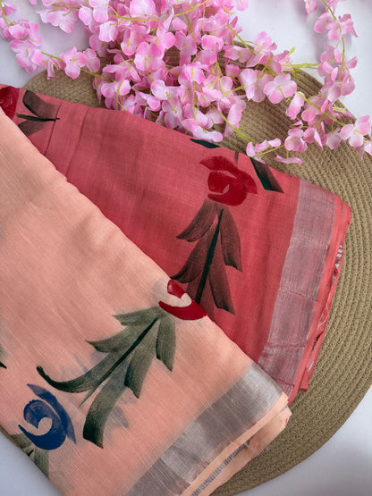 OBKS0028 Peach pink Ombre hand painted Linen saree