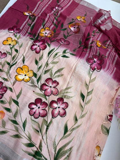 OBKS0029 Maroon pink Ombre hand painted Linen saree
