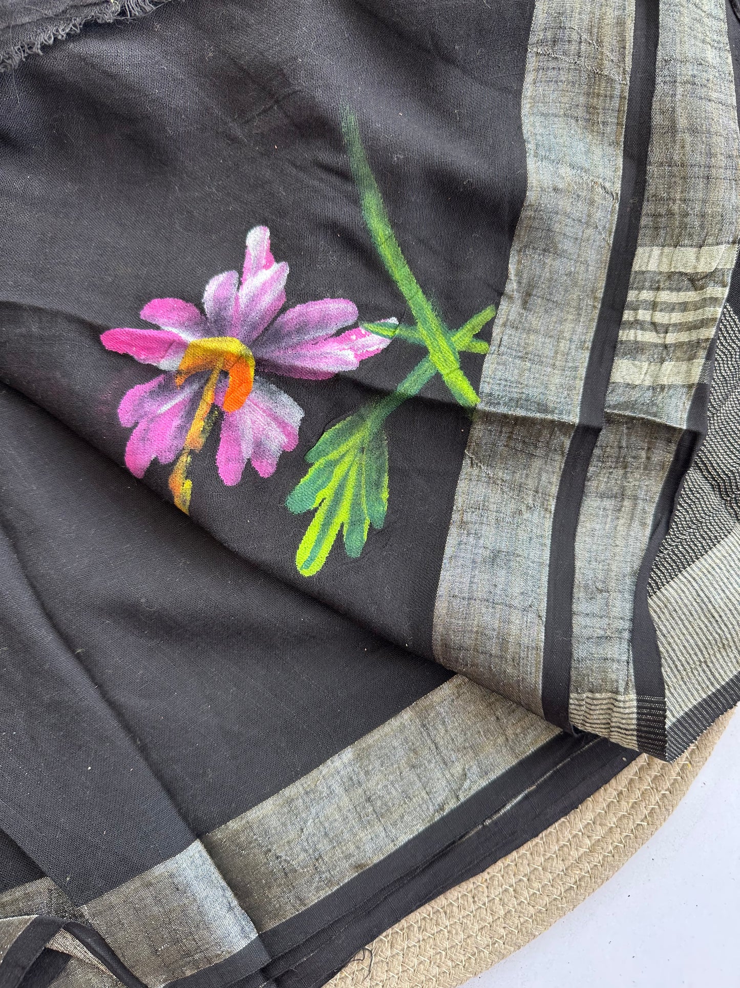 OBKS0008 Black handpainted Linen saree