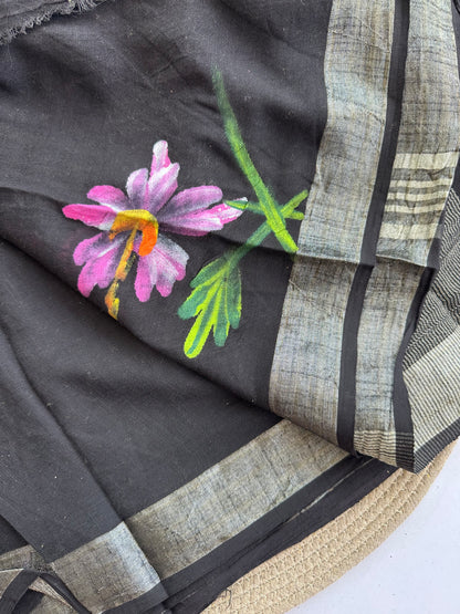 OBKS0008 Black handpainted Linen saree