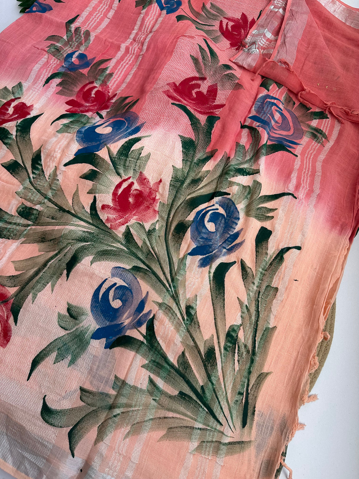 OBKS0028 Peach pink Ombre hand painted Linen saree