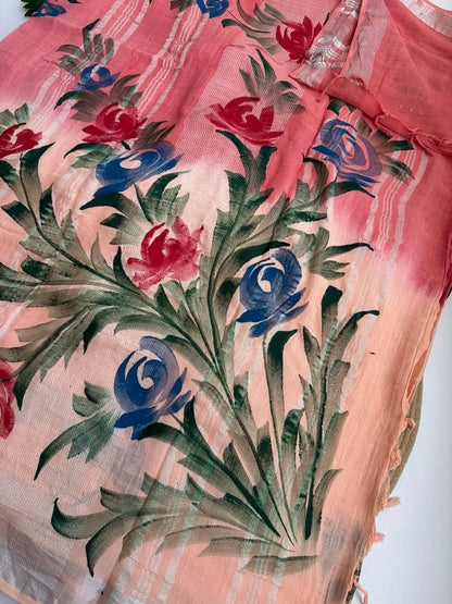 OBKS0028 Peach pink Ombre hand painted Linen saree