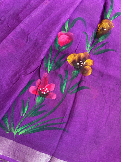 OBKS0026 Violet hand painted Linen saree