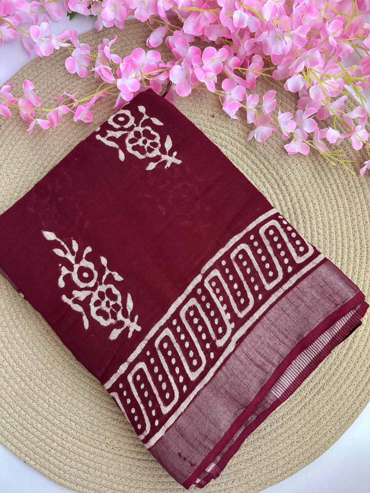 OBKS0024 Maroon motif Linen saree