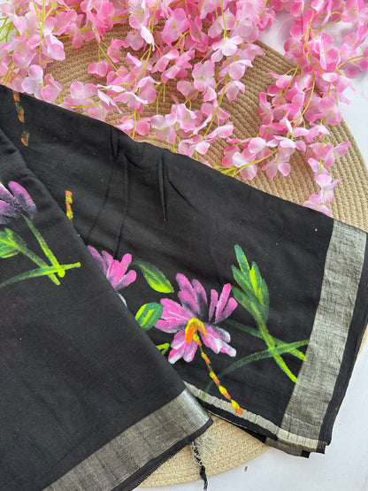 OBKS0008 Black handpainted Linen saree