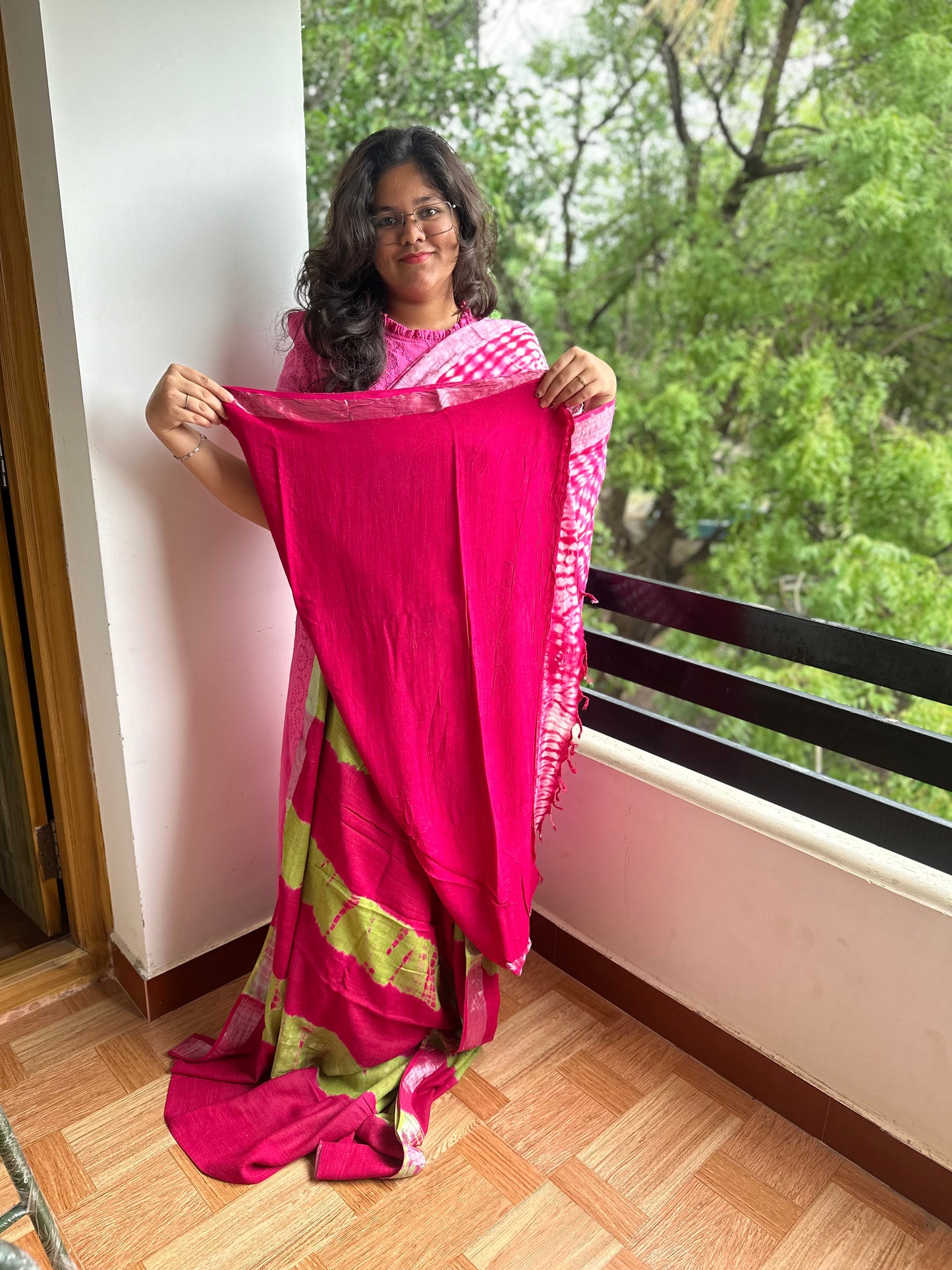 OBKS0006 Pink shibori Linen saree