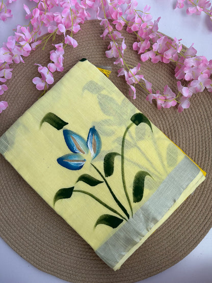 OBKS0027 Yellow Ombre hand painted Linen saree