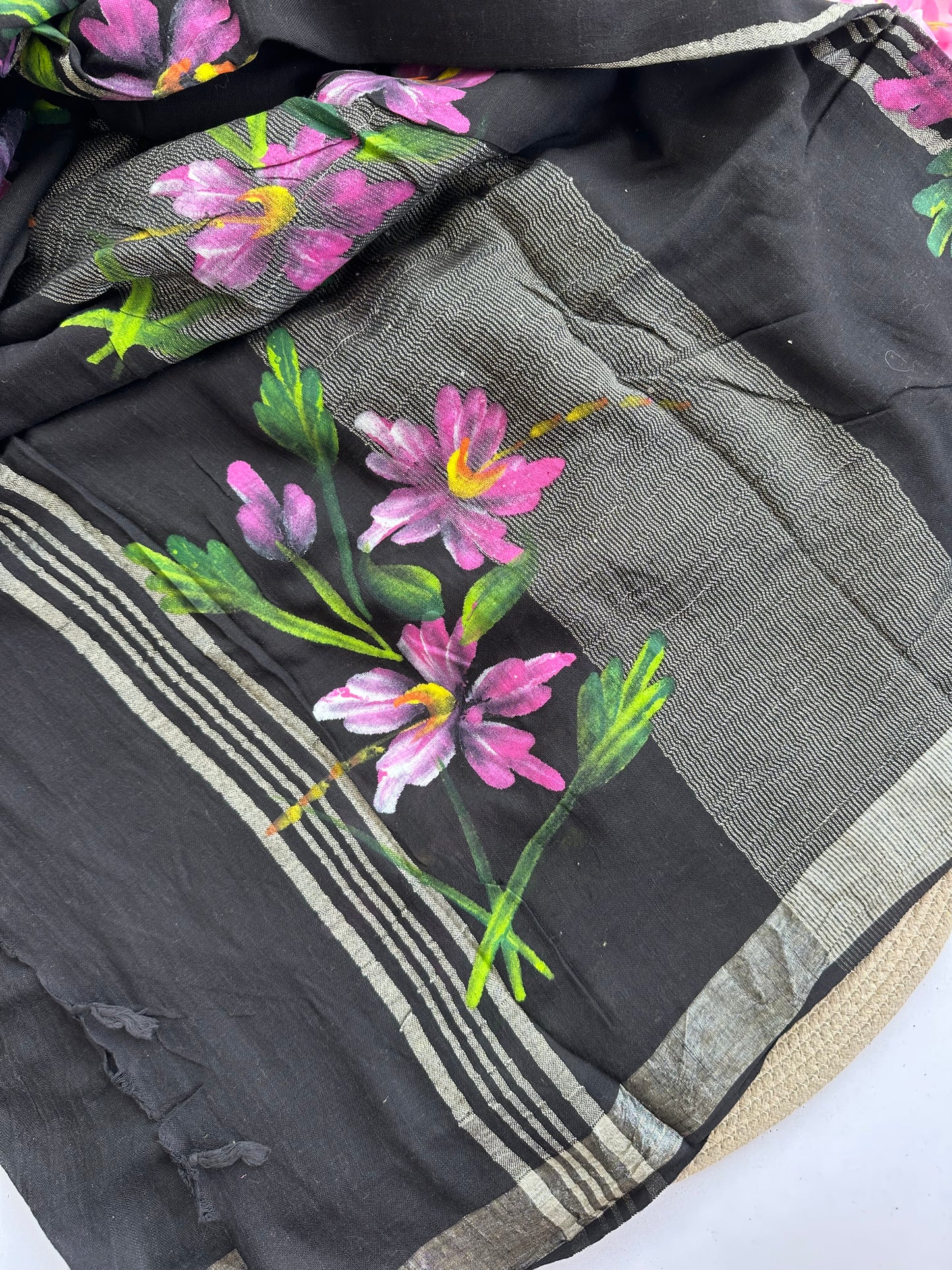OBKS0008 Black handpainted Linen saree