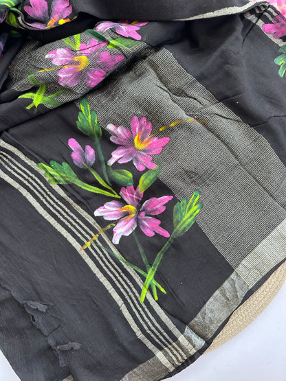 OBKS0008 Black handpainted Linen saree