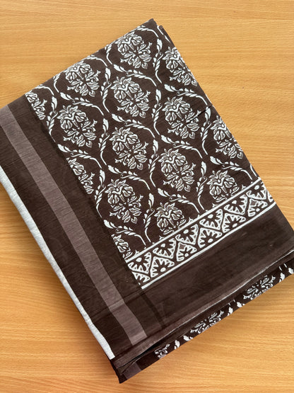 OBKS0021 Mul cotton saree - Brown motif
