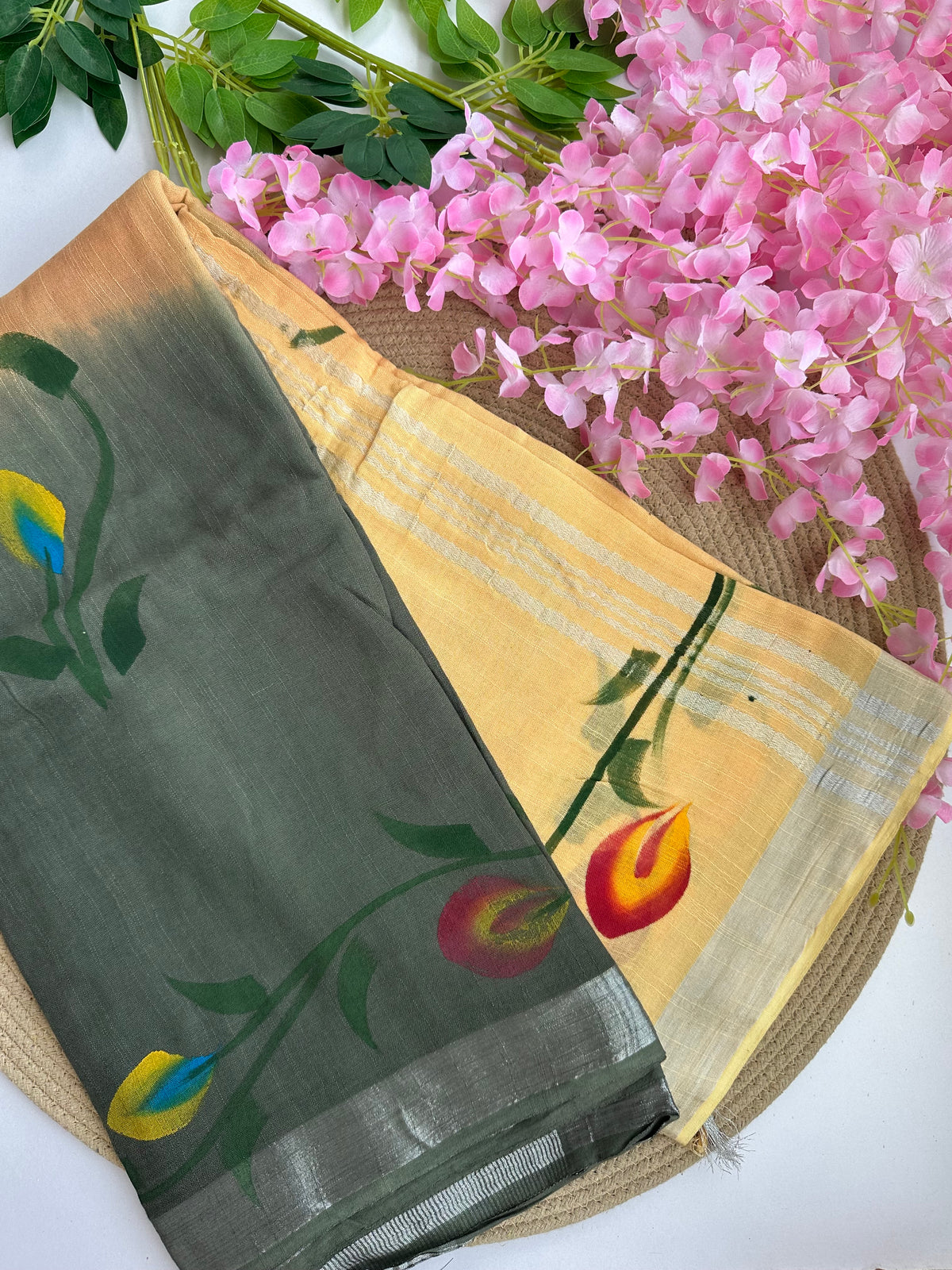 OBKS0030 Green sandal Ombre hand painted Linen saree