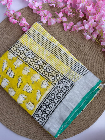 OBKS0025 Yellow elephant Linen saree