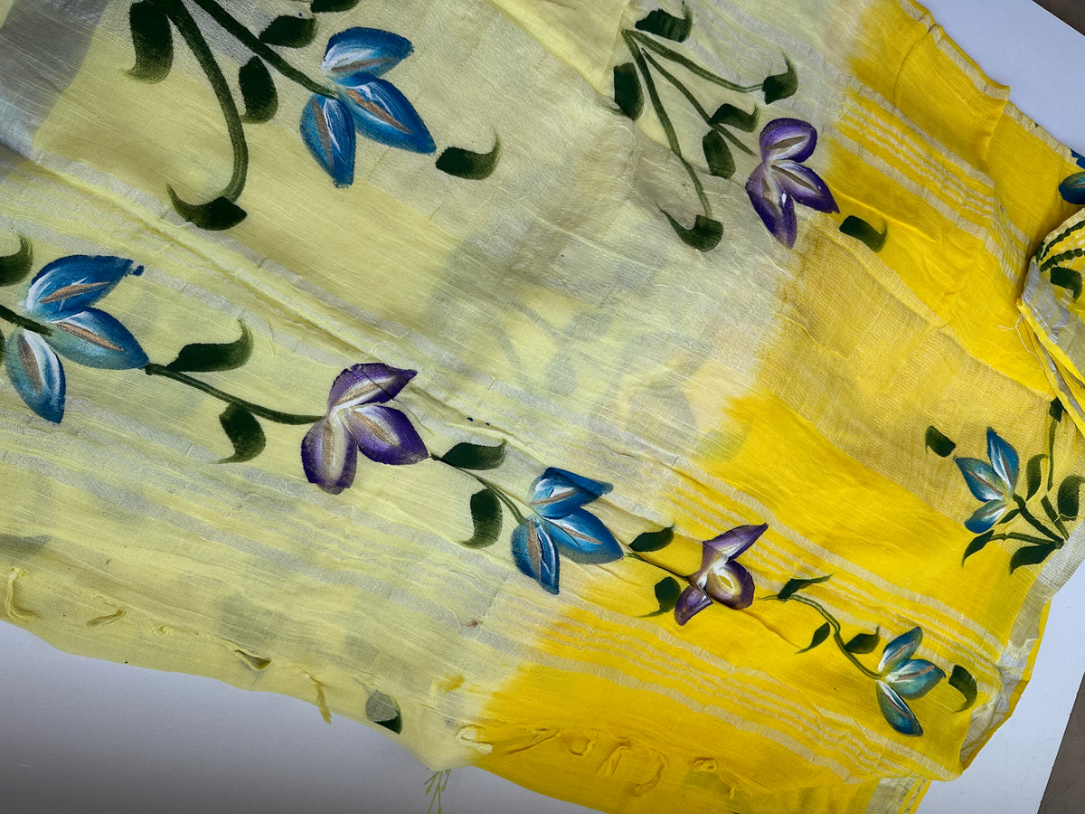 OBKS0027 Yellow Ombre hand painted Linen saree