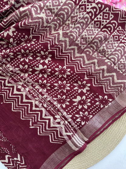 OBKS0013 Maroon motif Linen saree