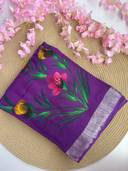 OBKS0026 Violet hand painted Linen saree