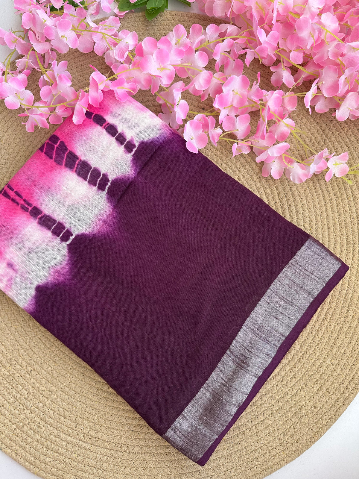 OBKS0022 Purple-pink shibori Linen saree