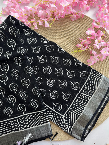 OBKS0015 Black motif Linen saree