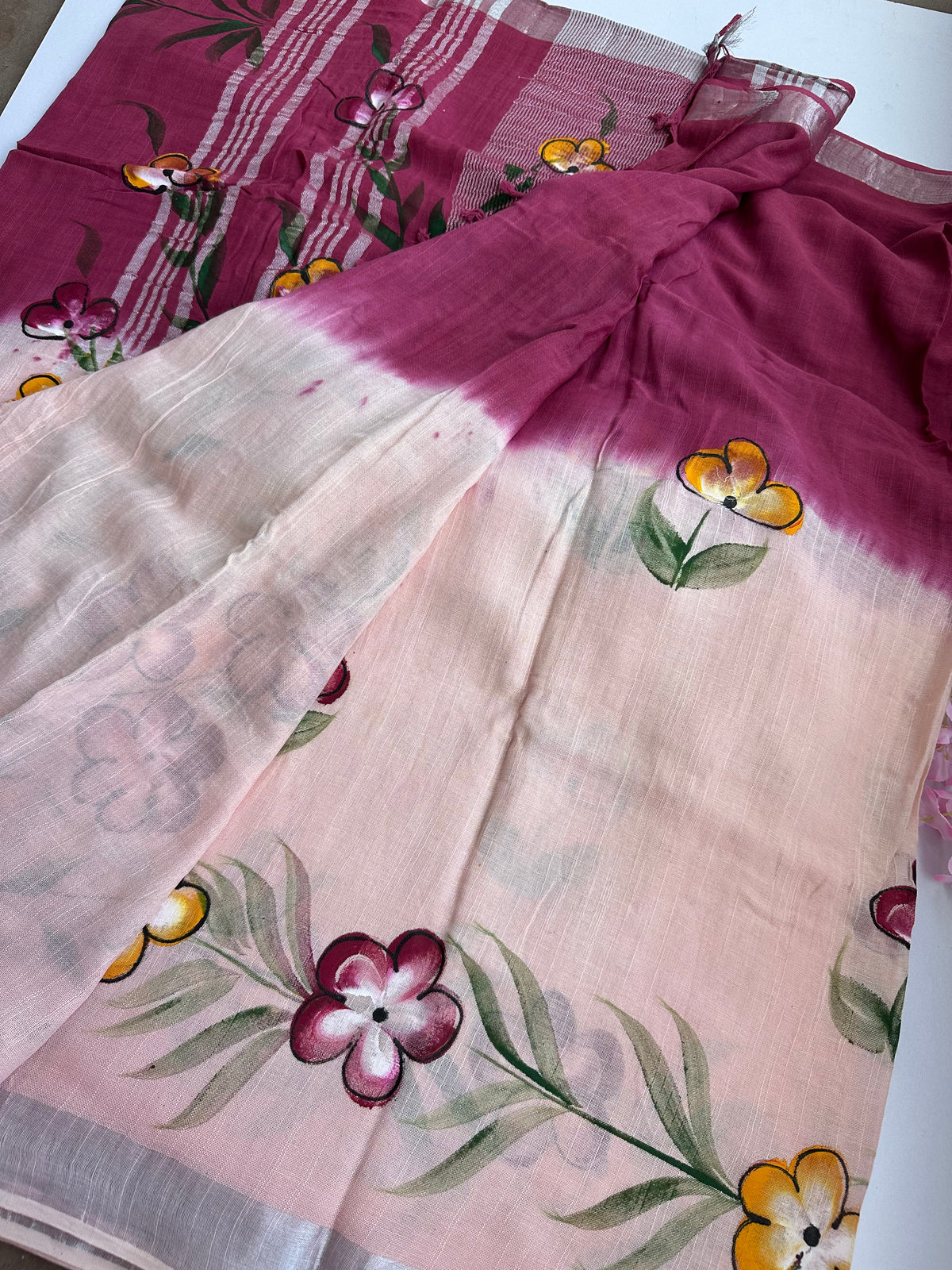 OBKS0029 Maroon pink Ombre hand painted Linen saree