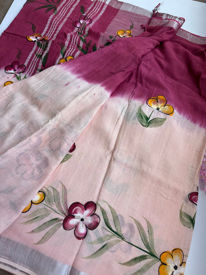 OBKS0029 Maroon pink Ombre hand painted Linen saree