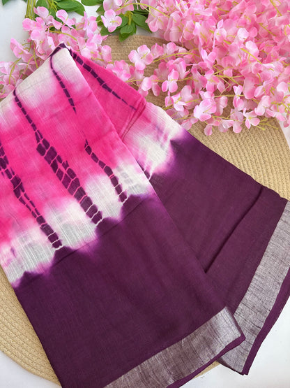 OBKS0022 Purple-pink shibori Linen saree