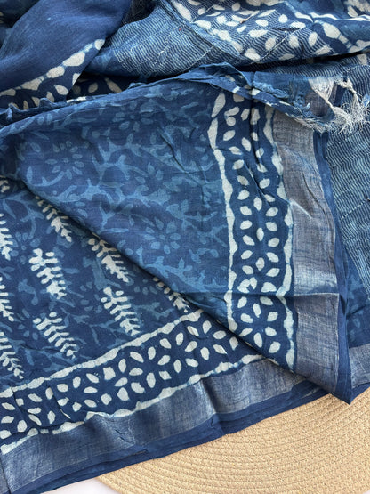 OBKS0014 Indigo motif Linen saree