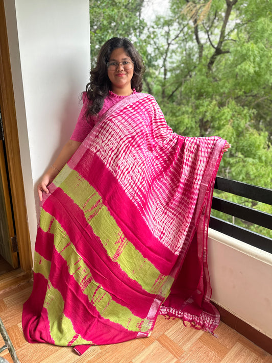 OBKS0006 Pink shibori Linen saree