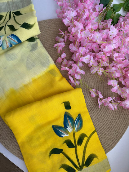 OBKS0027 Yellow Ombre hand painted Linen saree