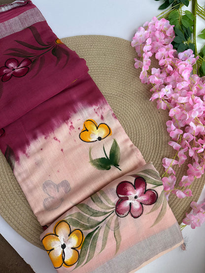 OBKS0029 Maroon pink Ombre hand painted Linen saree