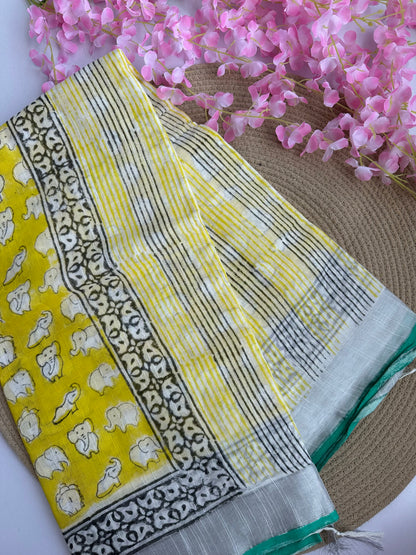 OBKS0025 Yellow elephant Linen saree