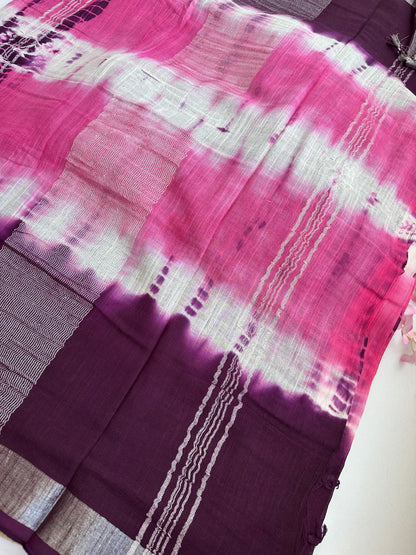 OBKS0022 Purple-pink shibori Linen saree